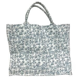 Blue & White Toile Tote Bag Cheetah/Leopard Floral Cotton Canvas Shoulder Bag